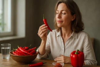 Žena si užíva čili papričky a ich vôňu.