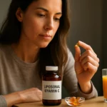 Žena zvažuje lipozomálny vitamín C s oranžovým džúsom vedľa.