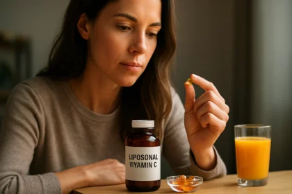 Žena zvažuje lipozomálny vitamín C s oranžovým džúsom vedľa.