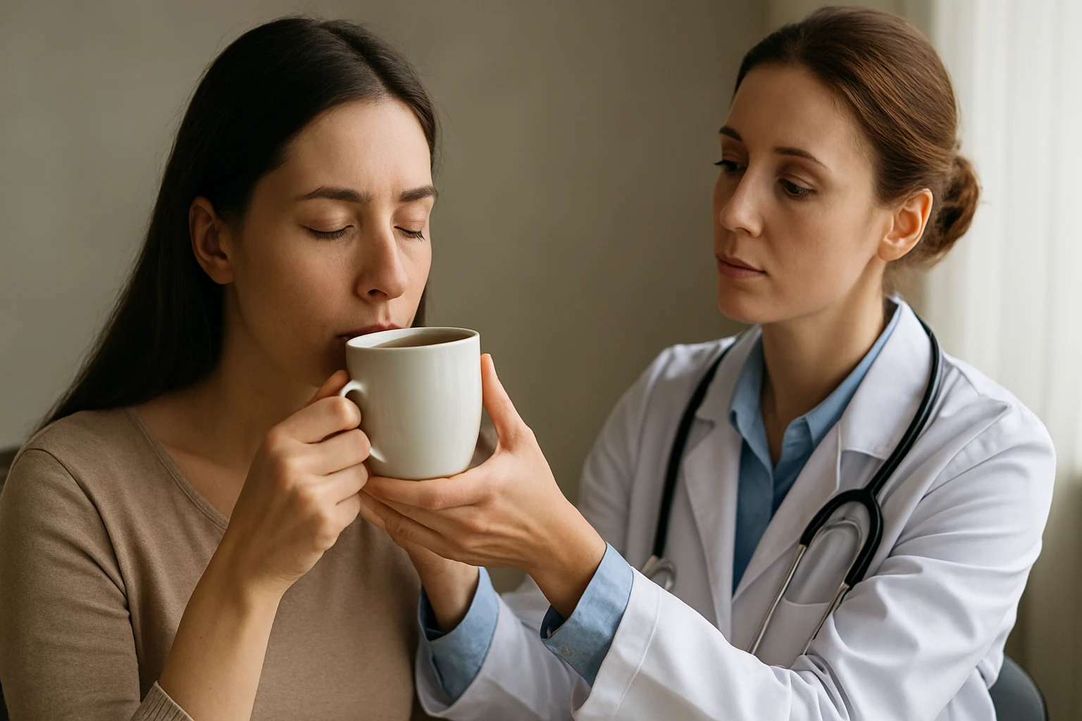 Žena pije kávu s lekárom, diskusia o vplyve kofeínu na zdravie.