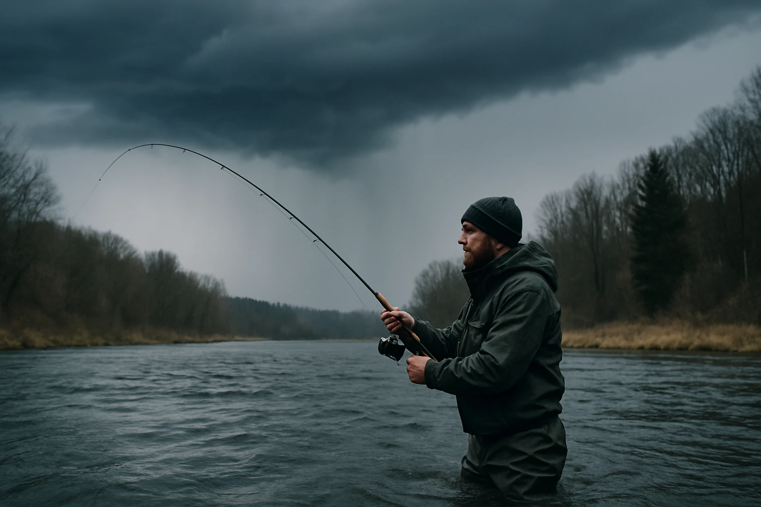 Rybár v rieke počas studeného frontu s pochmúrnym počasím