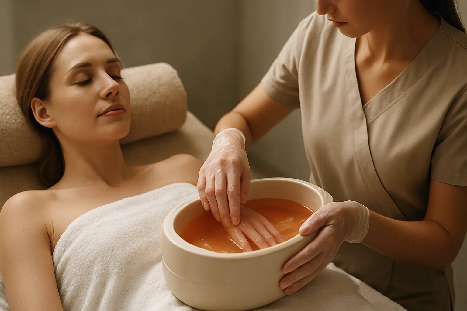 Žena sa podrobuje parafínovej liečbe na ruky v kozmetike.