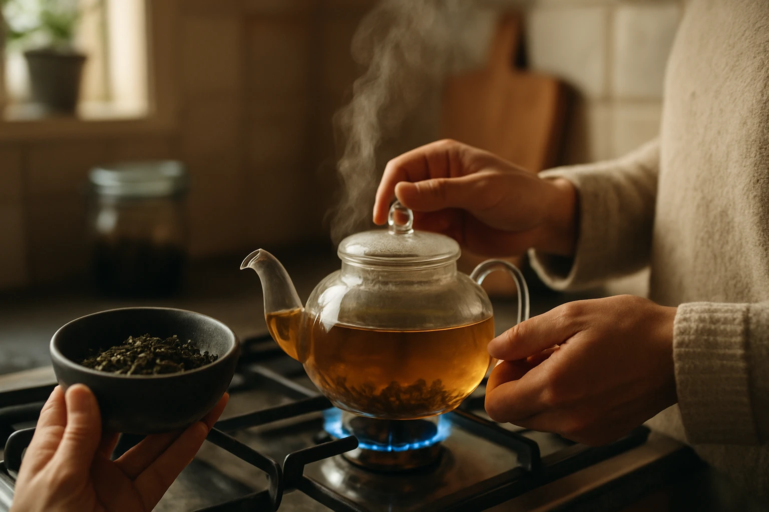 Osoba pripravuje čaj na sporáku s čerstvými čajovými lístkami.