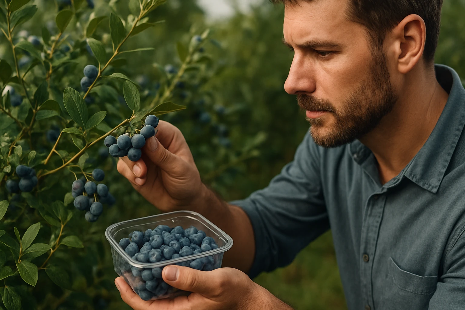 Muž zbiera čučoriedky z kríka do nádoby v záhrade.