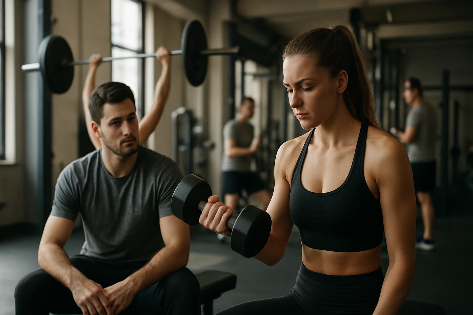 Žena cvičí s činkou v posilňovni, zatiaľ čo muž ju sleduje