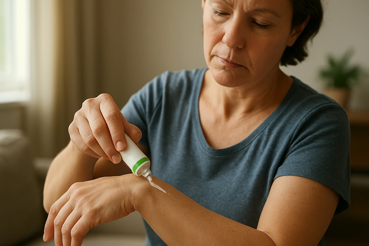 Žena aplikuje krém Aldara na ruku pre liečbu pokožky