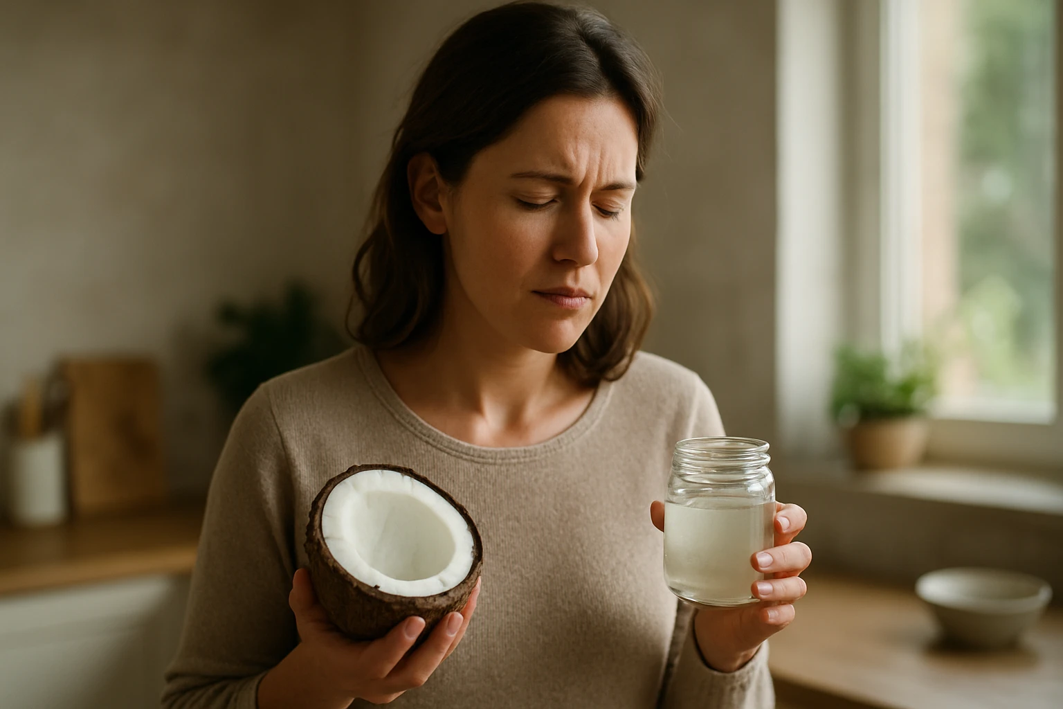 Žena drží kokos a sklenenú nádobu s kokosovým olejom na podporu črevného zdravia.
