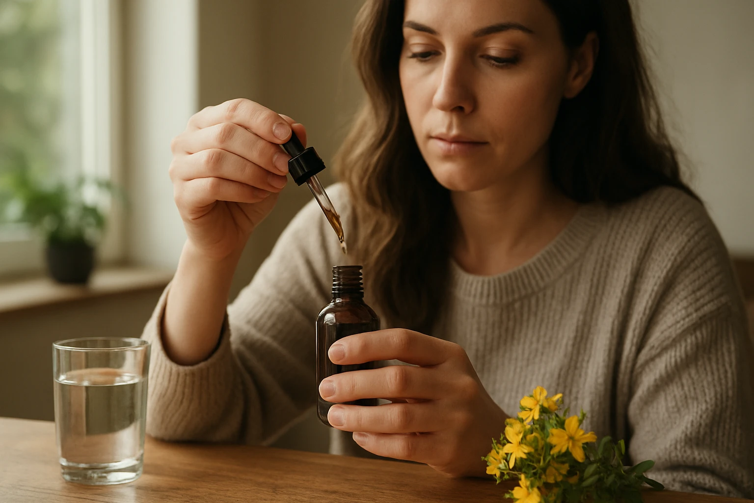 Žena dávkujúca tinktúru z ľubovníka bodkovaného do liekovky.
