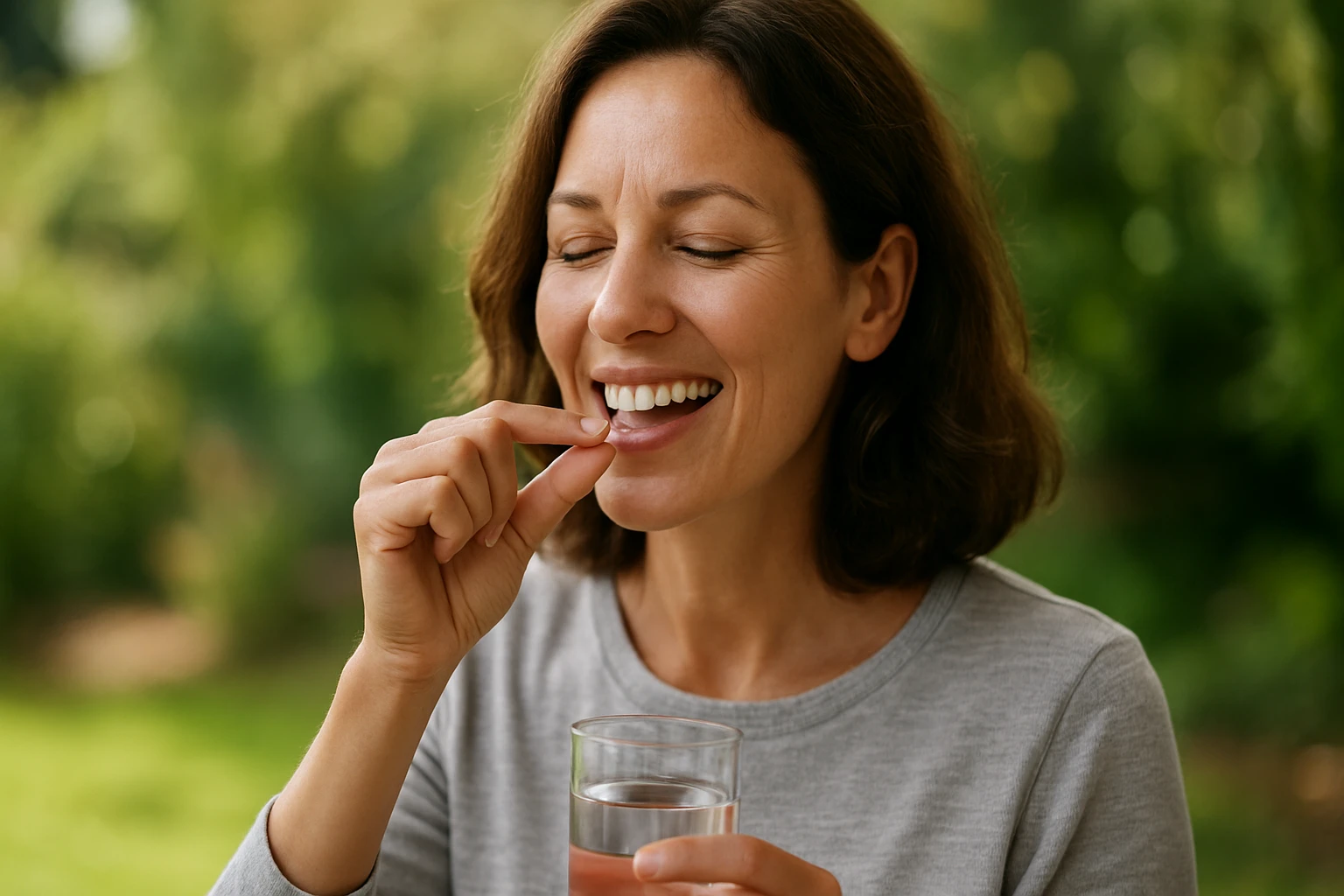 Žena berúca doplnok stravy s kremíkom pre zdravie a pohodu.