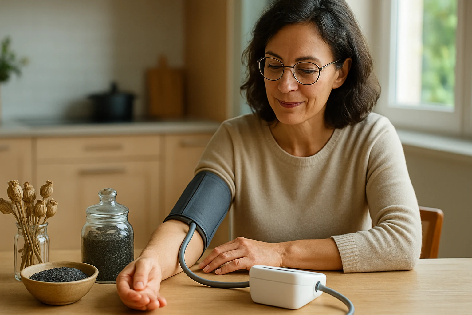 Žena meria krvný tlak s makovými semienkami na stole.