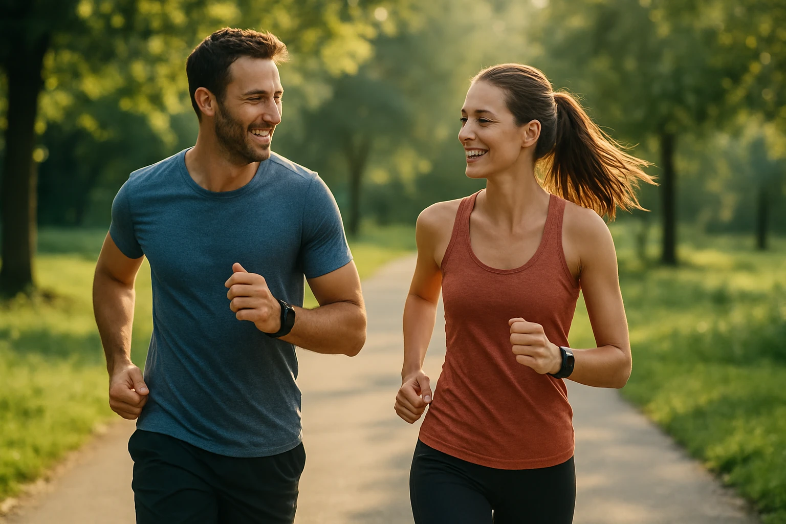 Dva bežci sa usmievajú pri behu v prírode.