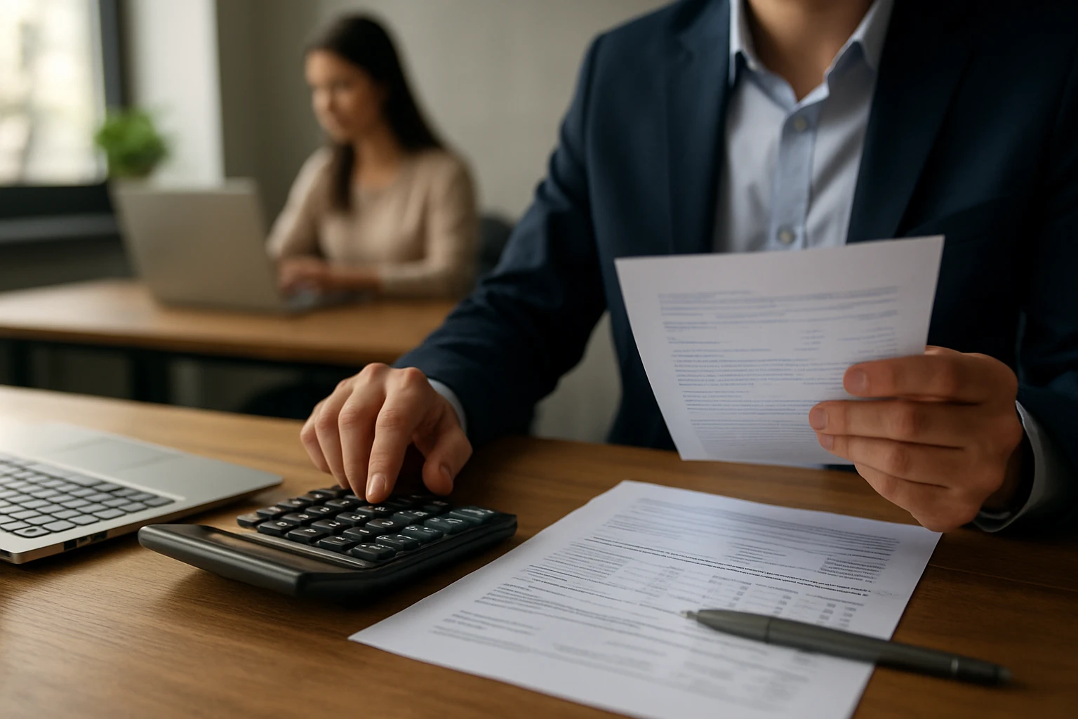 Účtovný expert analyzuje dokumenty a používa kalkulačku