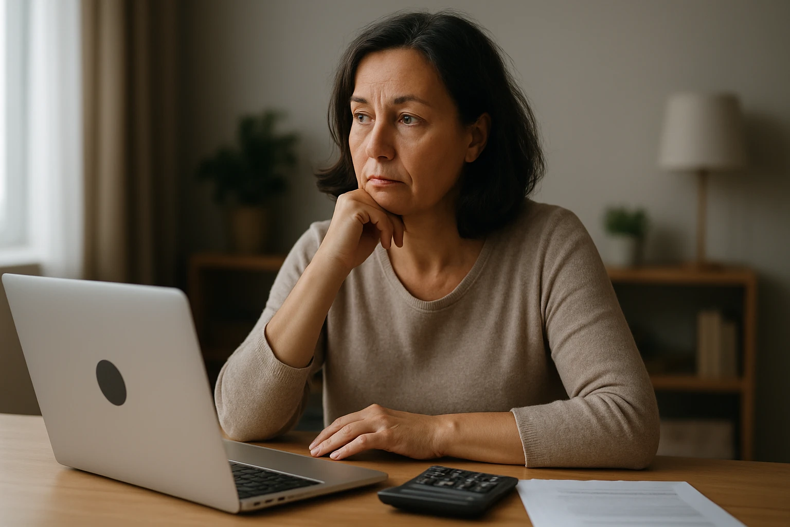 Žena premýšľa o predčasnom dôchodku pri počítači.