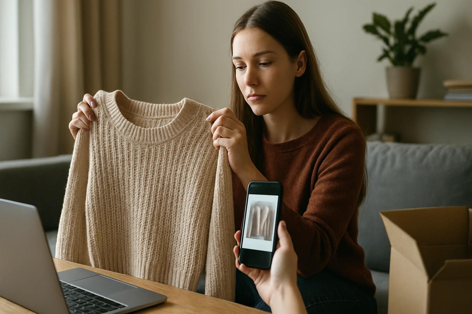 Žena s pleteným sveterom a mobilným telefónom pri predaji na Vinted