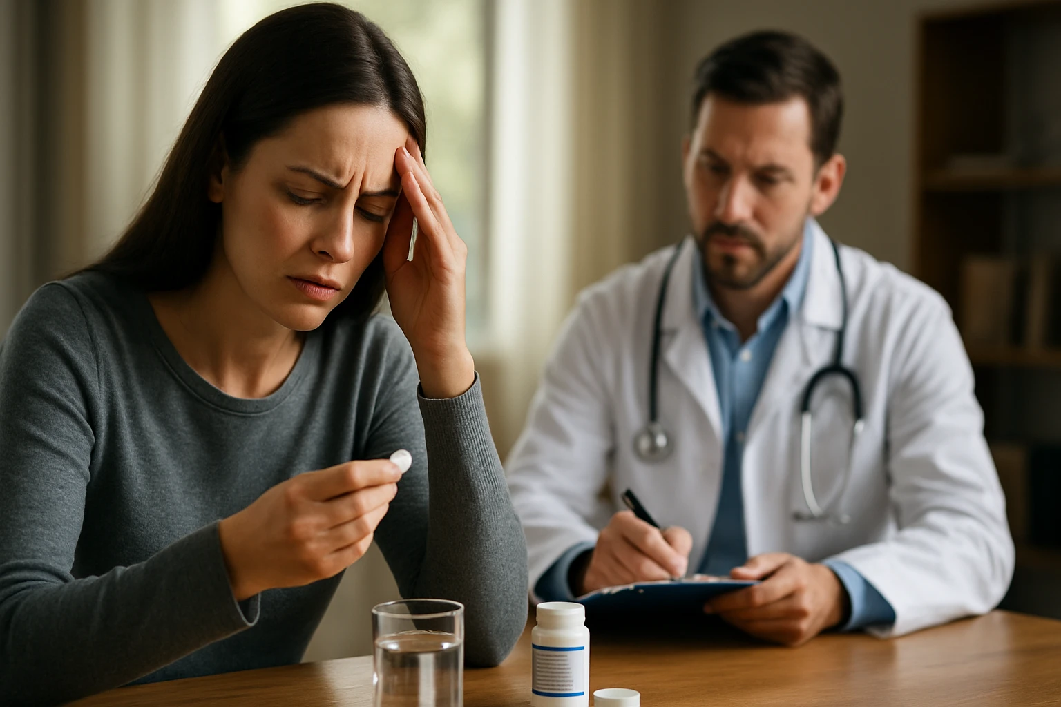 Žena zažíva ťažkosti a konzultuje lieky s lekárom.