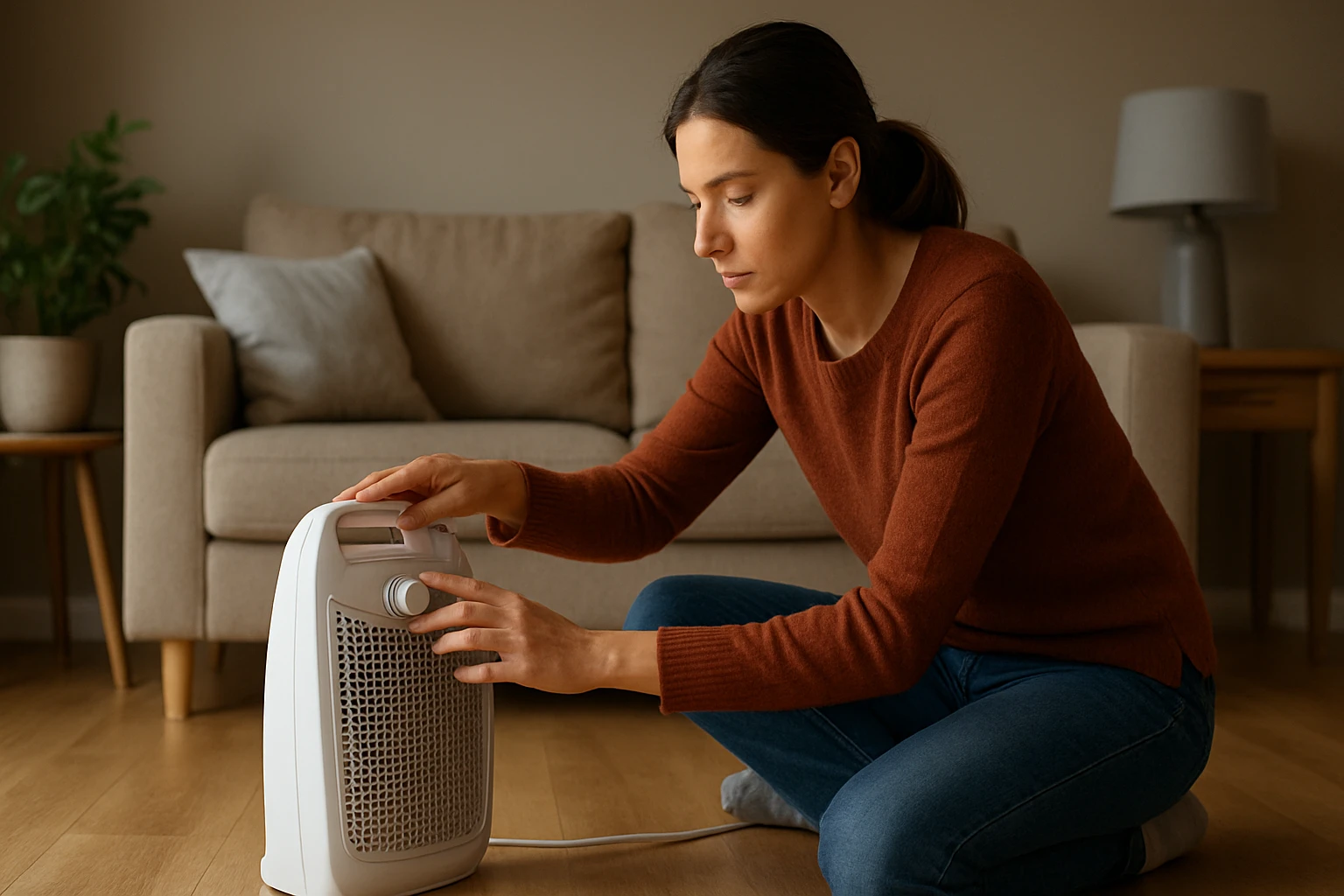 Žena upravuje elektrický ohrievač v obývacej izbe.