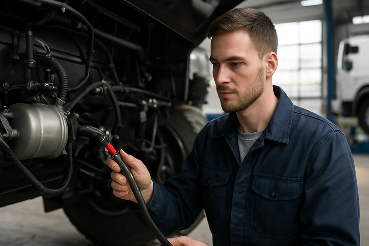Mechanik pracuje na jednokáblovom vzduchovom brzdovom systéme vozidla.