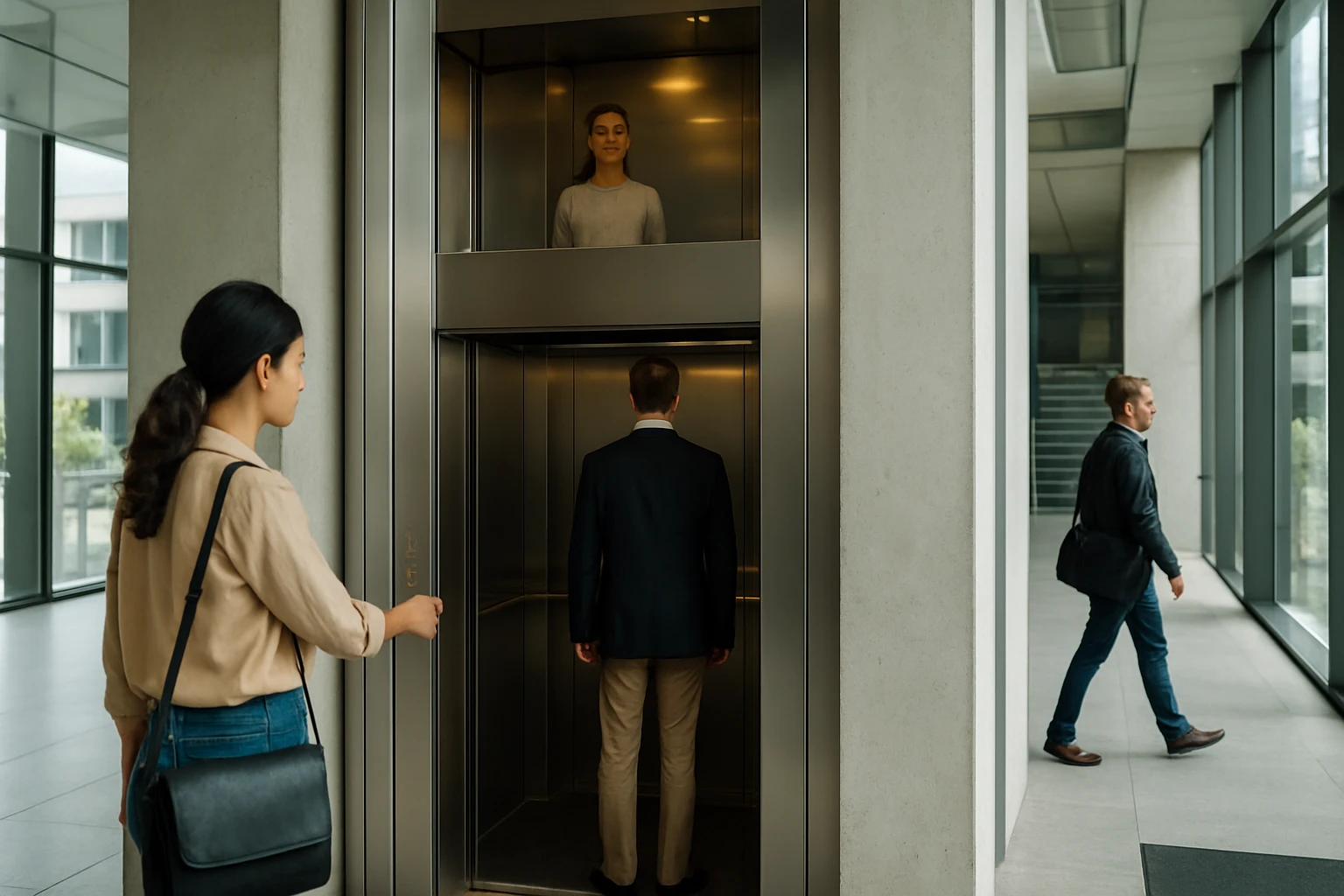 Moderný paternoster výťah s otvorenými kabínami v budove.