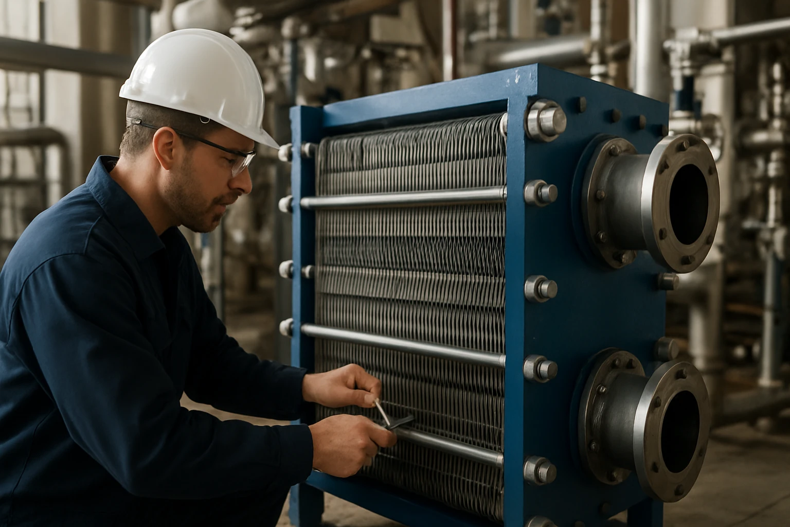 Technik kontroluje doskový výmenník tepla v priemyselnom prostredí
