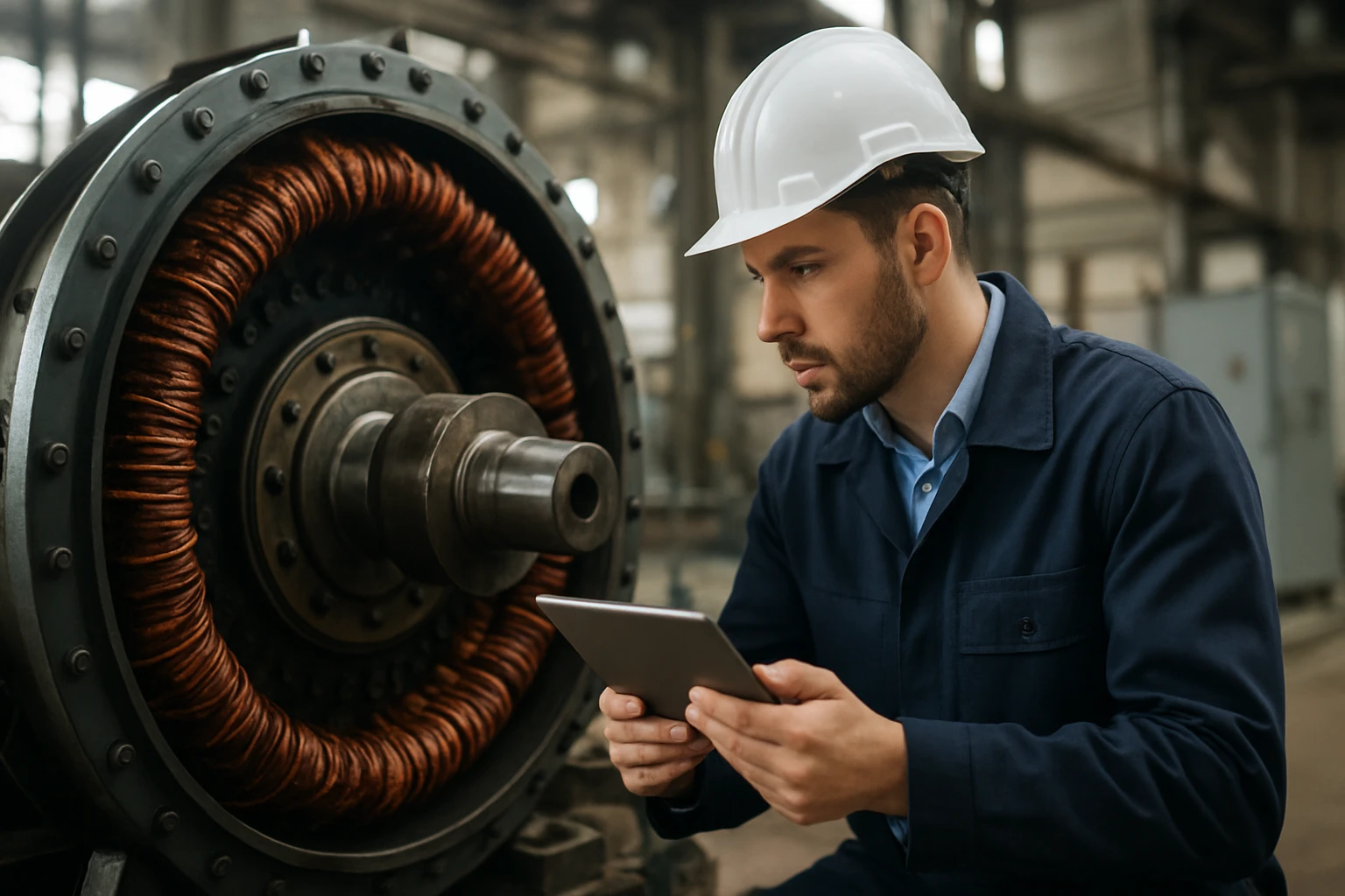 Technik analyzujúci voľnobežný generátor v priemyselnom prostredí.