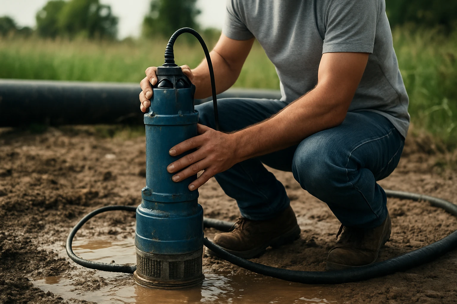 Obrázok muža s vibračným čerpadlom na zavlažovanie