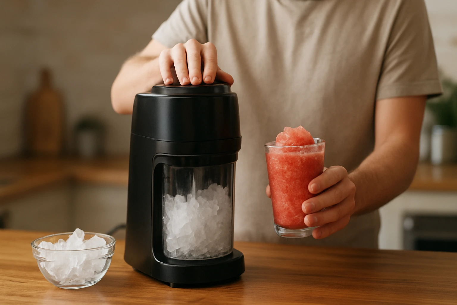 Človek pripravuje ľadový nápoj so strojom na ľadovú drť
