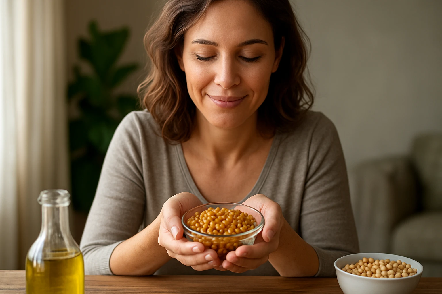 Žena so šťastným výrazom držiaca misu s lecitínovými guľôčkami.