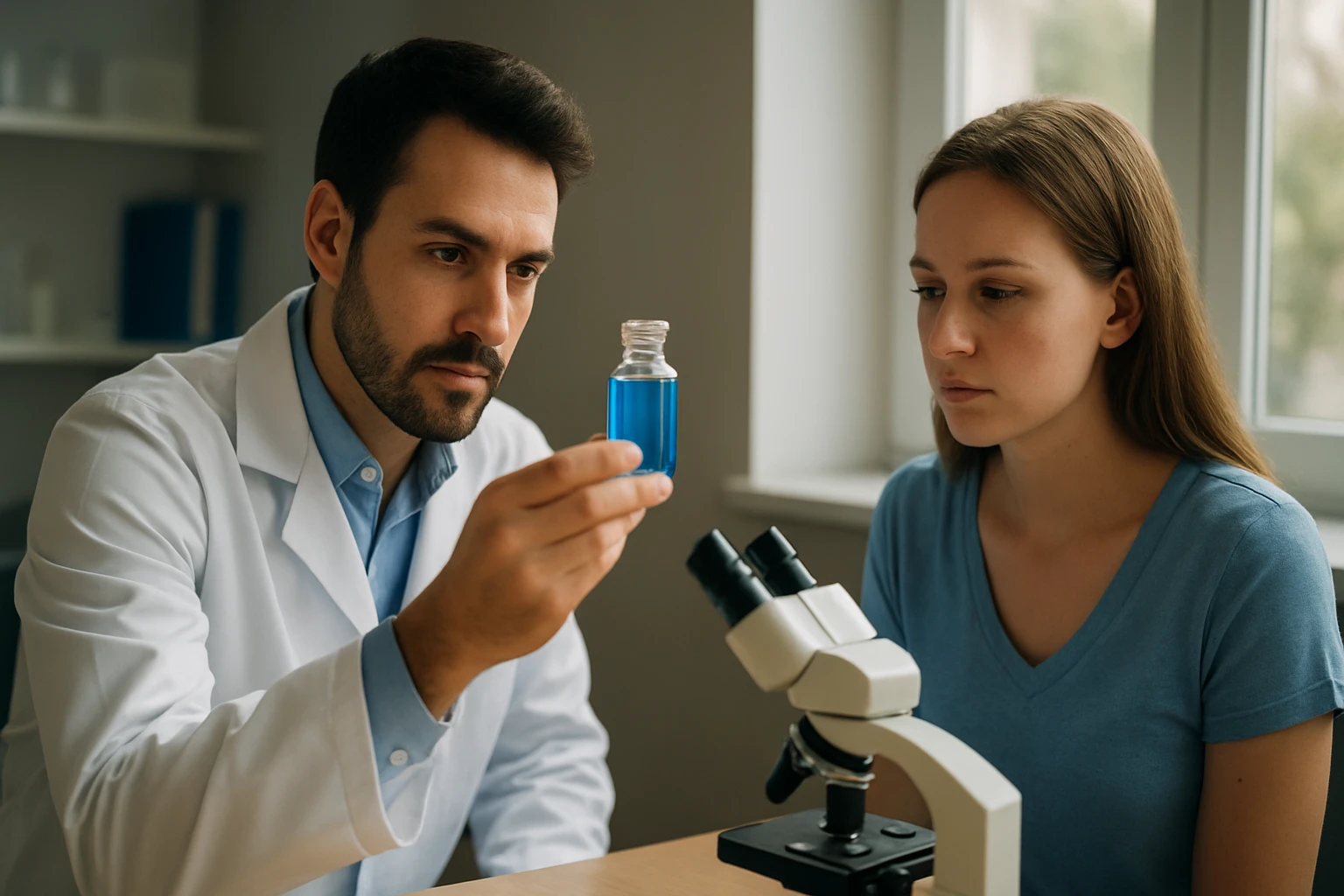 Lekár skúma metylénovú modrú tekutinu s pacientom v laboratóriu.