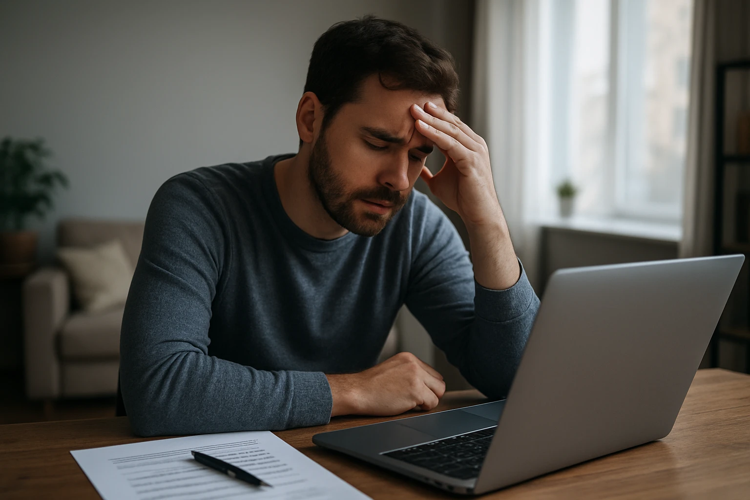 Muž trpiaci stresom pri počítači, reflektujúci nezamestnanosť.