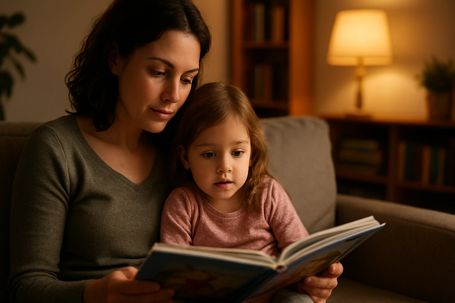 Matka číta rozprávku svojej dcére na pohovke.