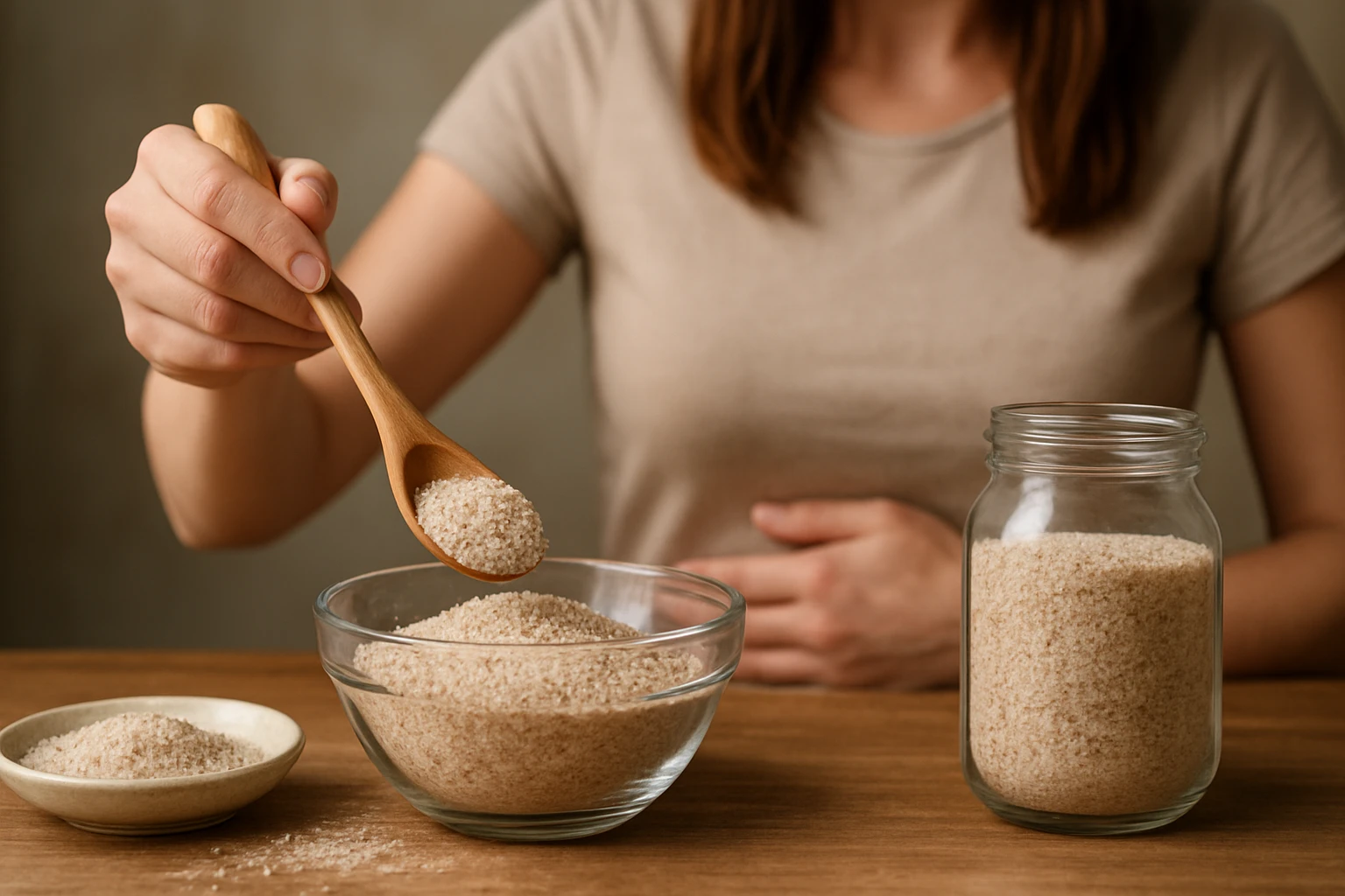 Žena s lyžicou psylliumu, ktorý podporuje trávenie a zdravie čriev.