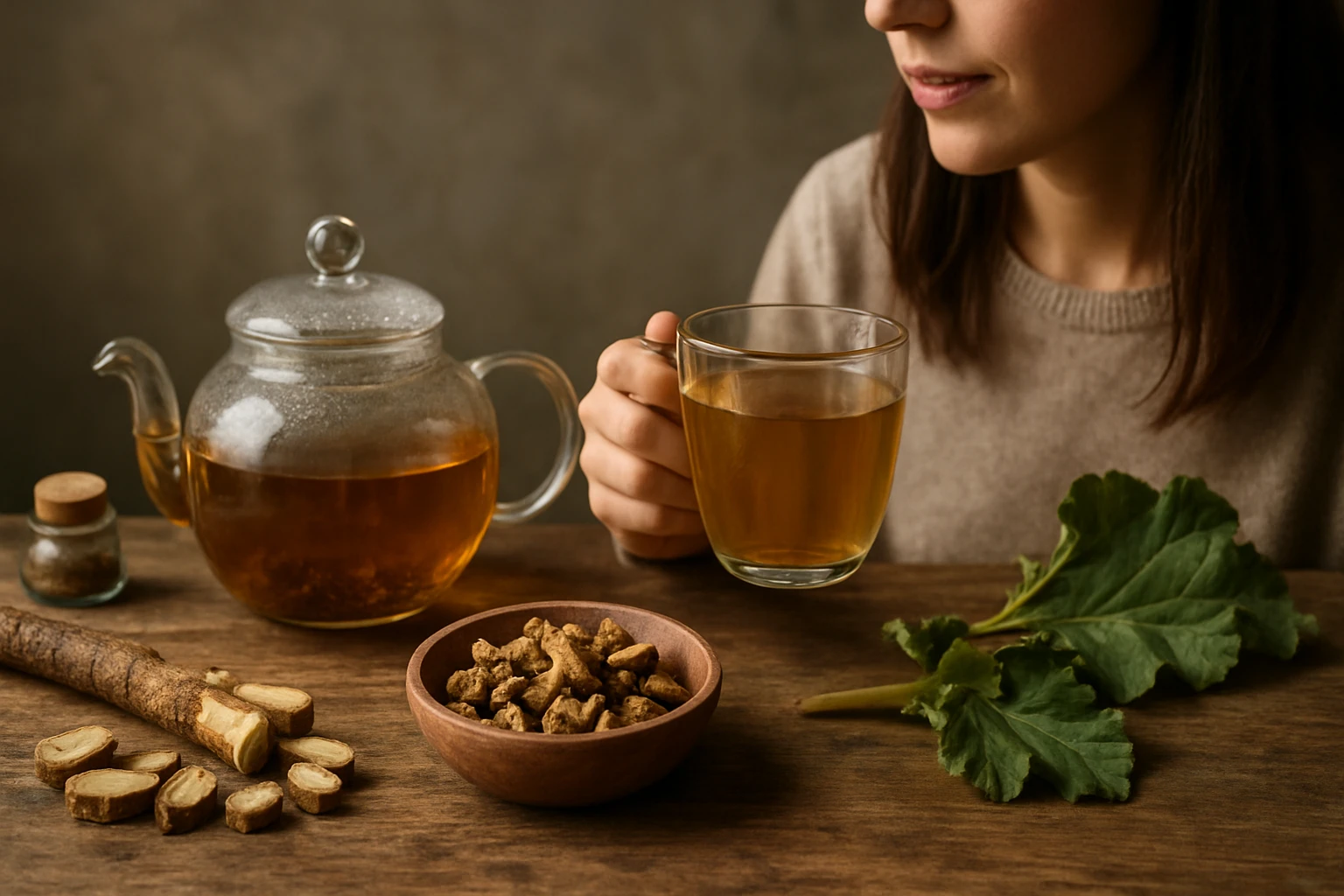 Žena si vychutnáva rebarborový koreňový čaj s prírodnými ingredienciami.