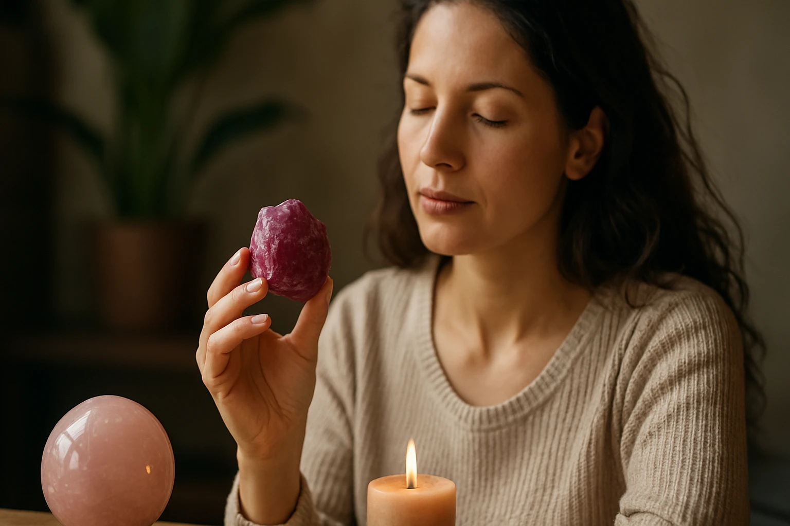 Žena drži rubelit v ruke, meditujúca pri sviečke.