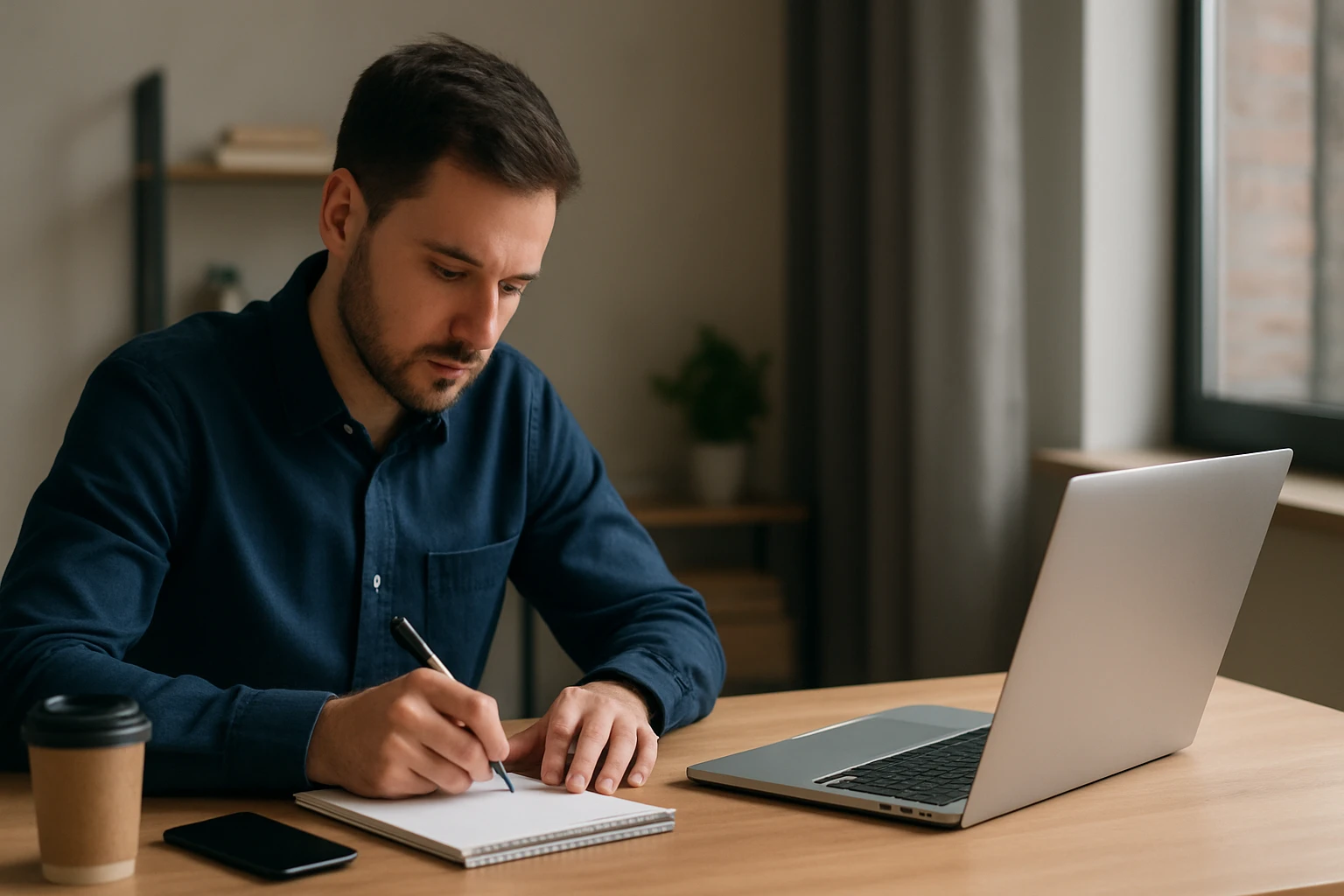 Muž píše poznámky pri laptopu v kancelárii