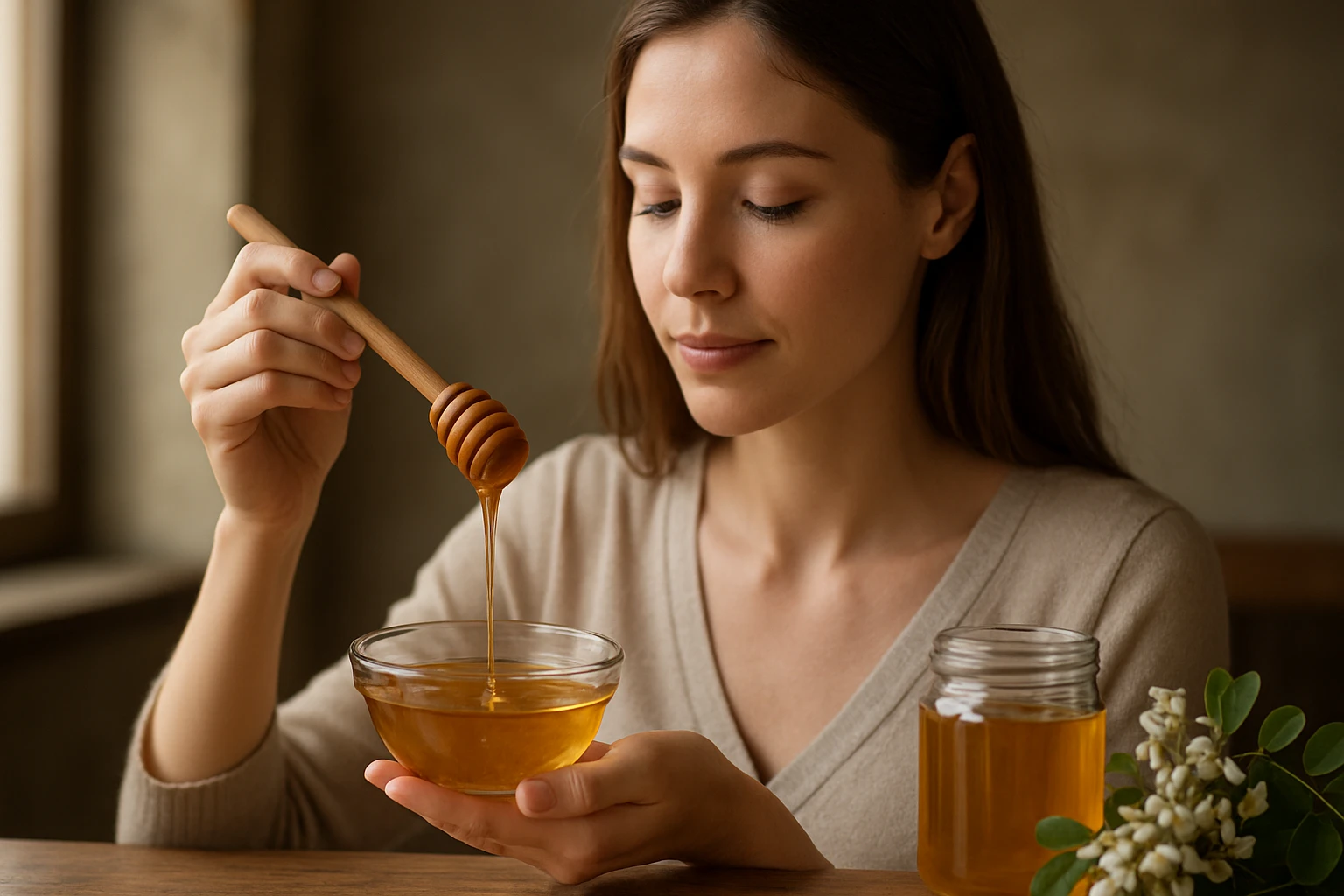Žena s agátovým medom, ktorý má liečivé účinky a antioxidanty.