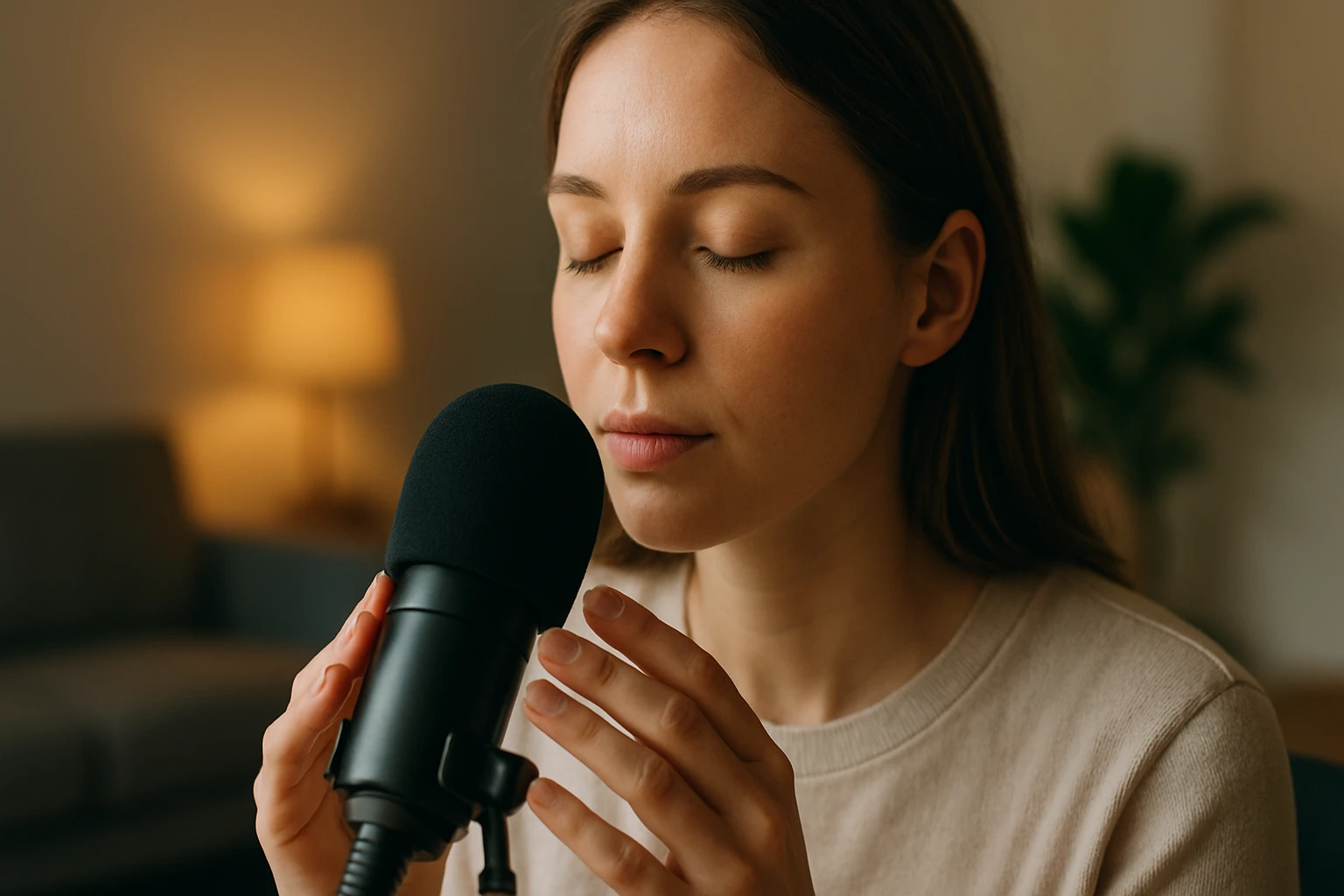 Žena s mikrofónom, užívajúca si ASMR zážitok na relaxáciu.