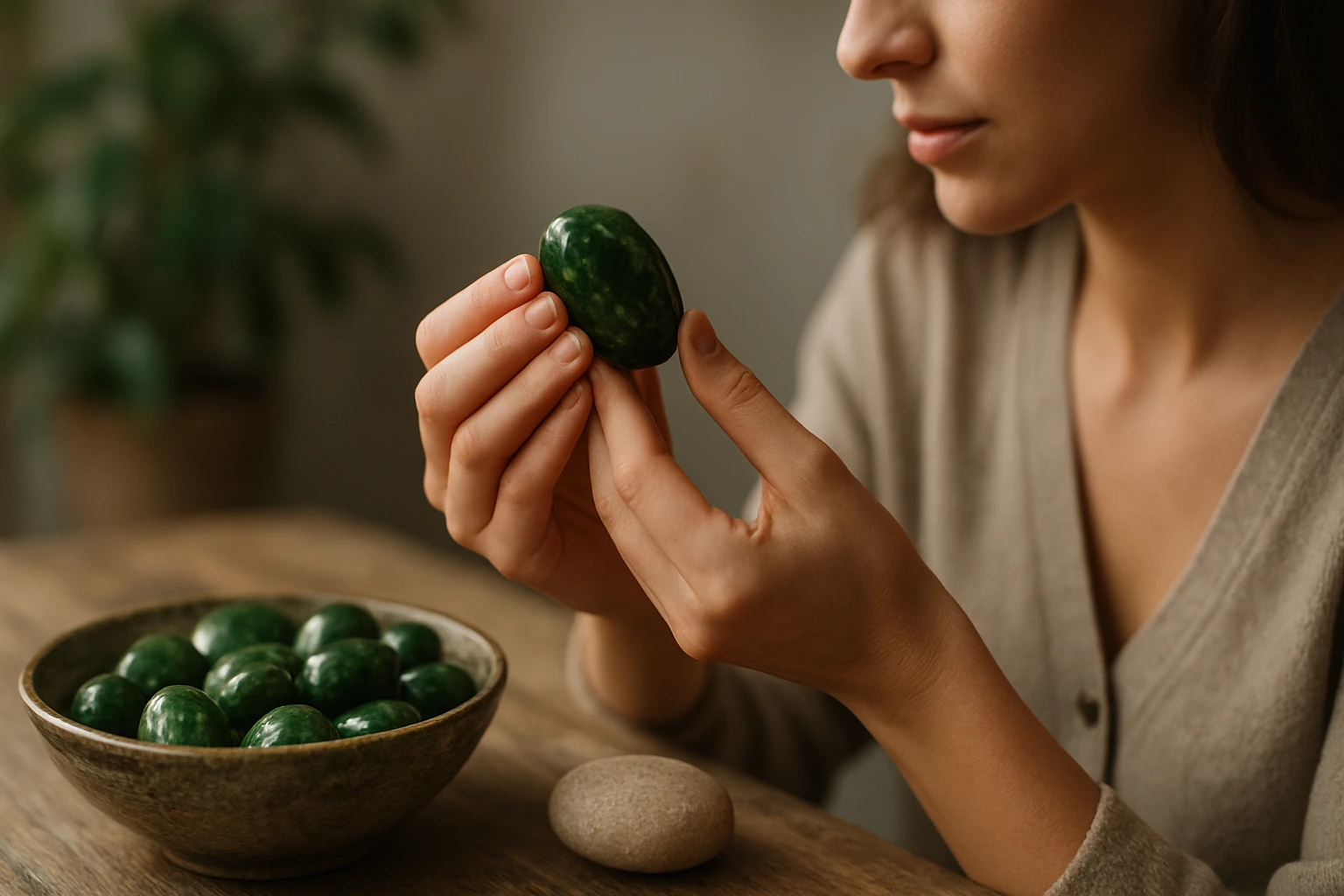 Žena skúma chrómdiopsid, kameň harmonických energií.
