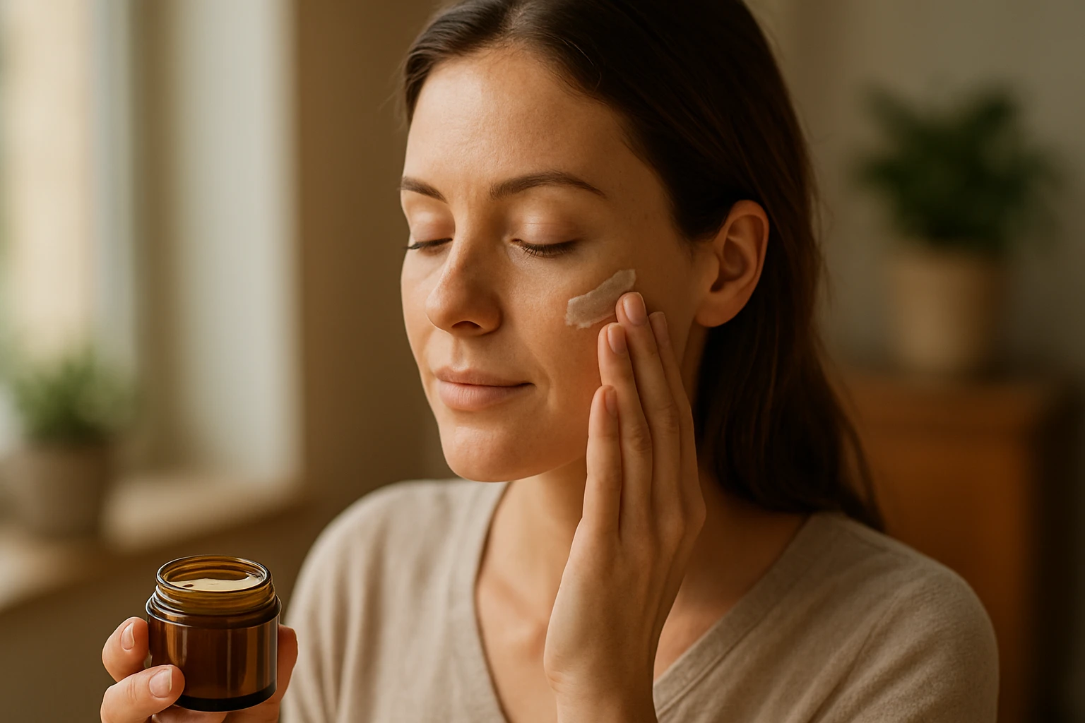 Žena nanášajúca dubový krém na svojú pleť