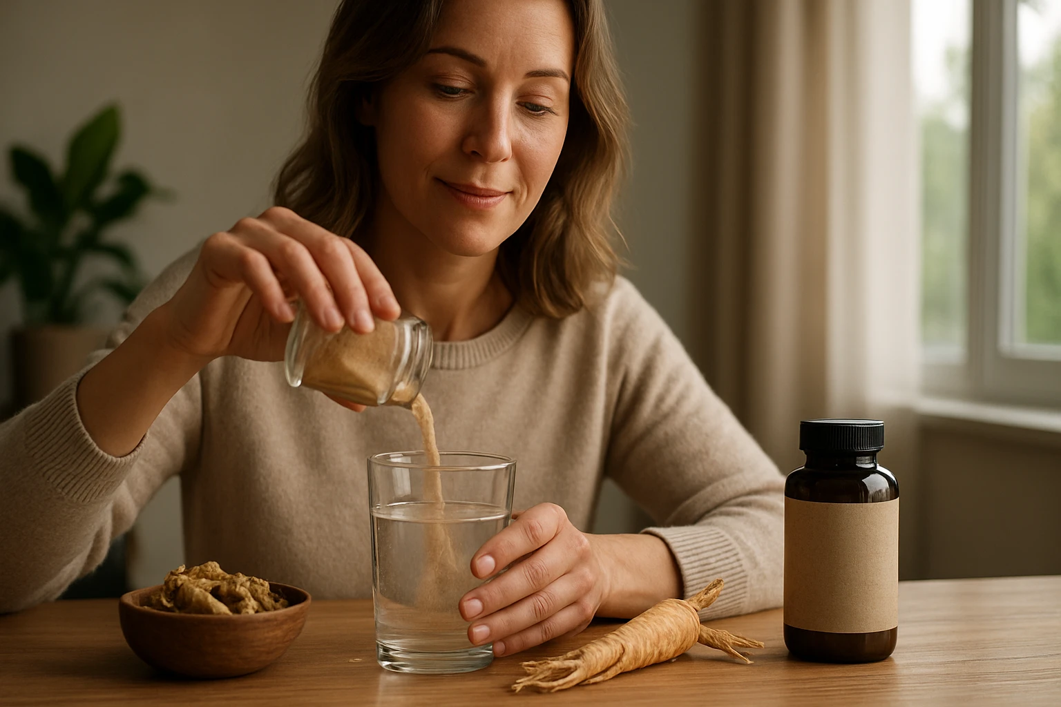 Žena pripravuje nápoj s ženšenom na podporu zdravia.