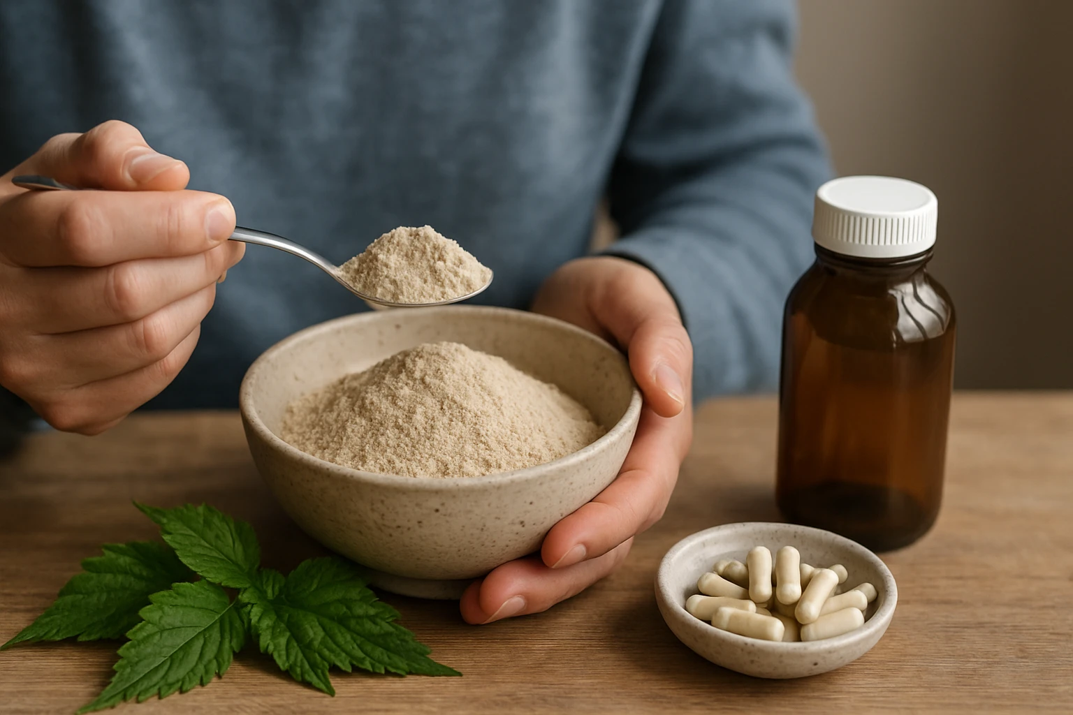 Osoba s lyžicou prášku Gentosa a kapsulami na stole