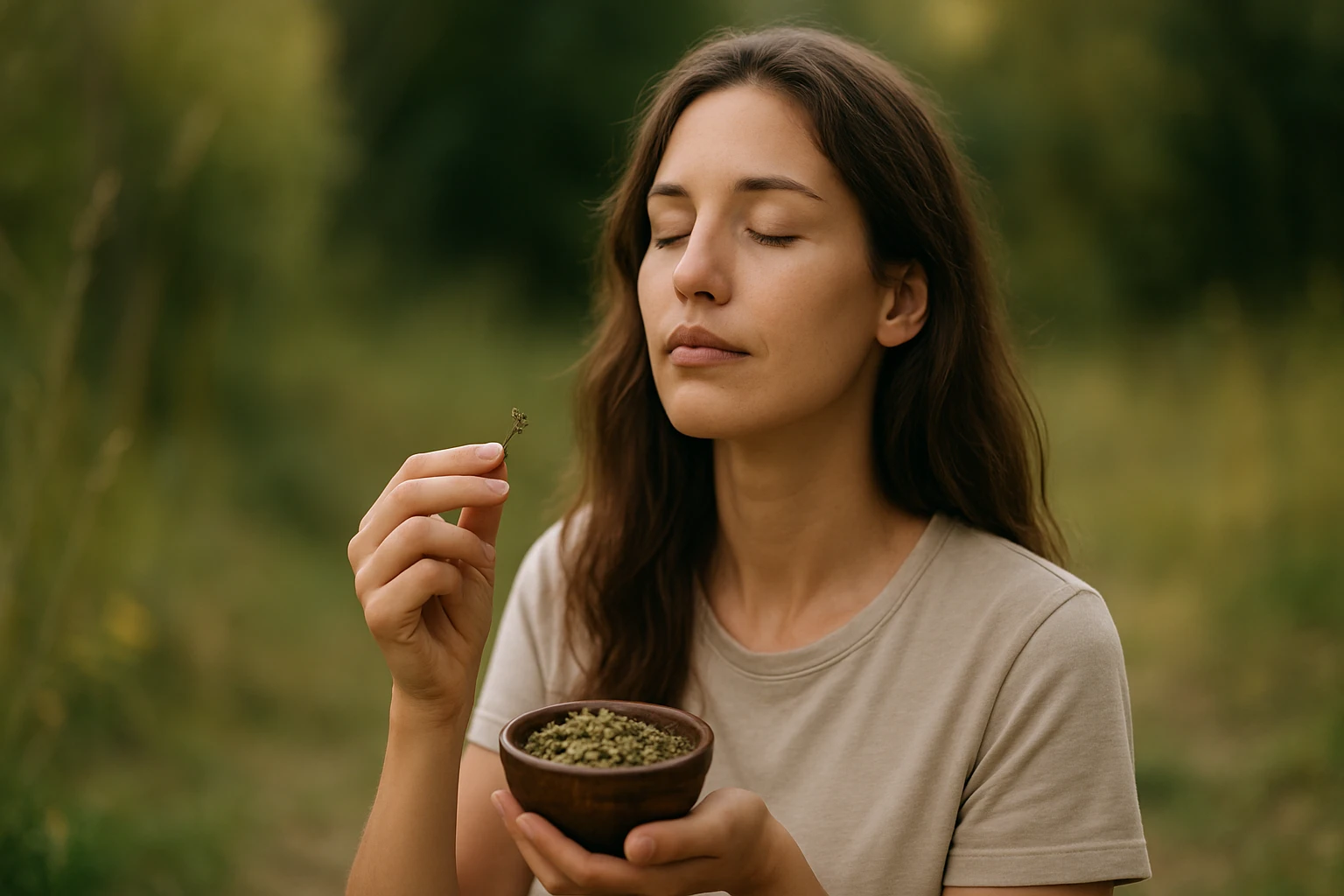 Žena relaxuje s bylinkami na podporu pokoja a psychickej rovnováhy.