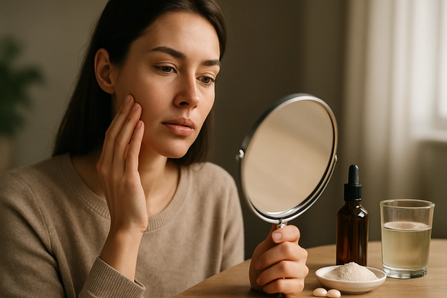 Žena sa pozerá do zrkadla a skúma pokožku tváre, vedľa sú doplnky na báze kolagénu.