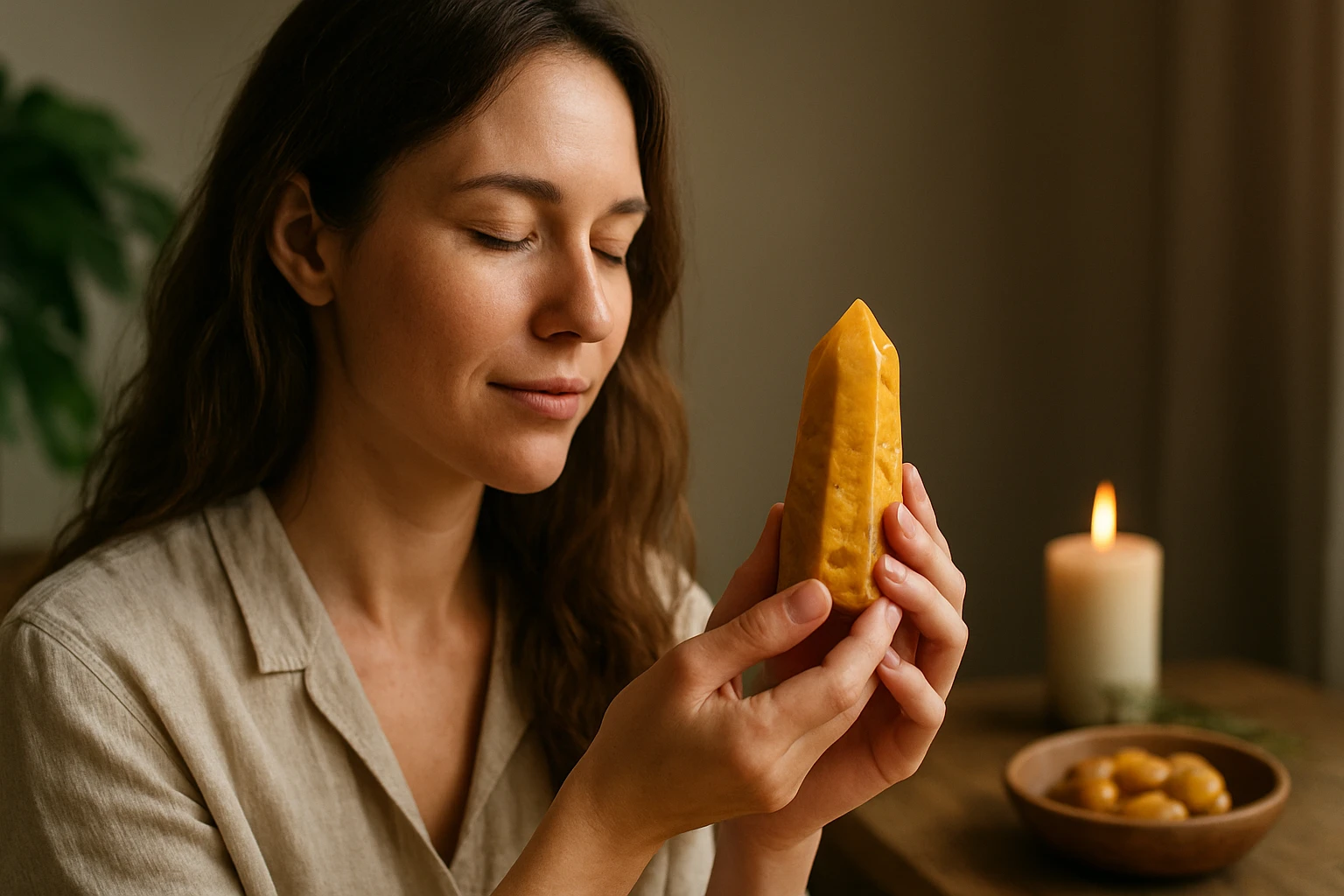 Žena drží žltý jaspis, pôsobiaci na energiu a harmóniu.