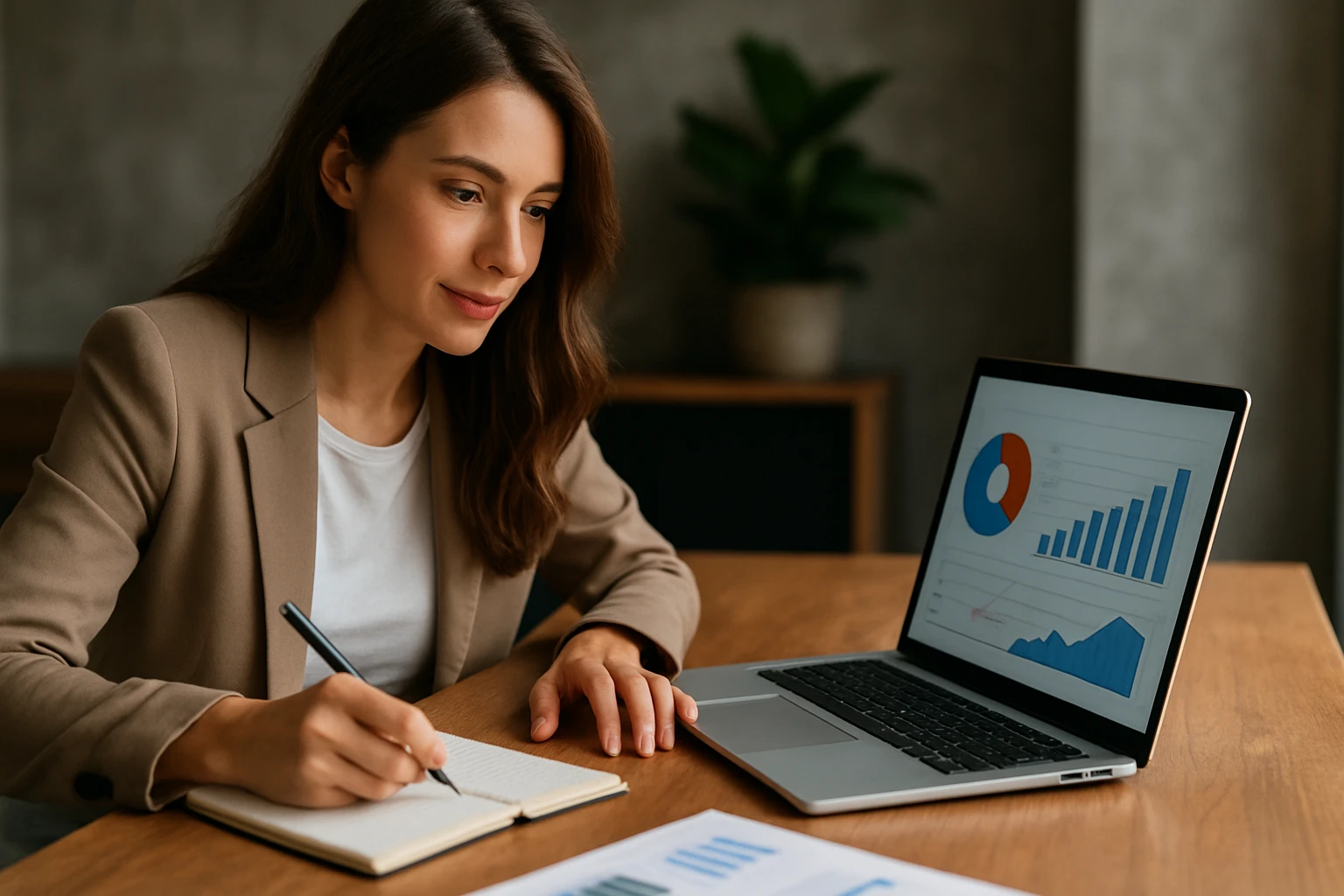 Žena píše poznámky pri počítači s grafmi marketingu