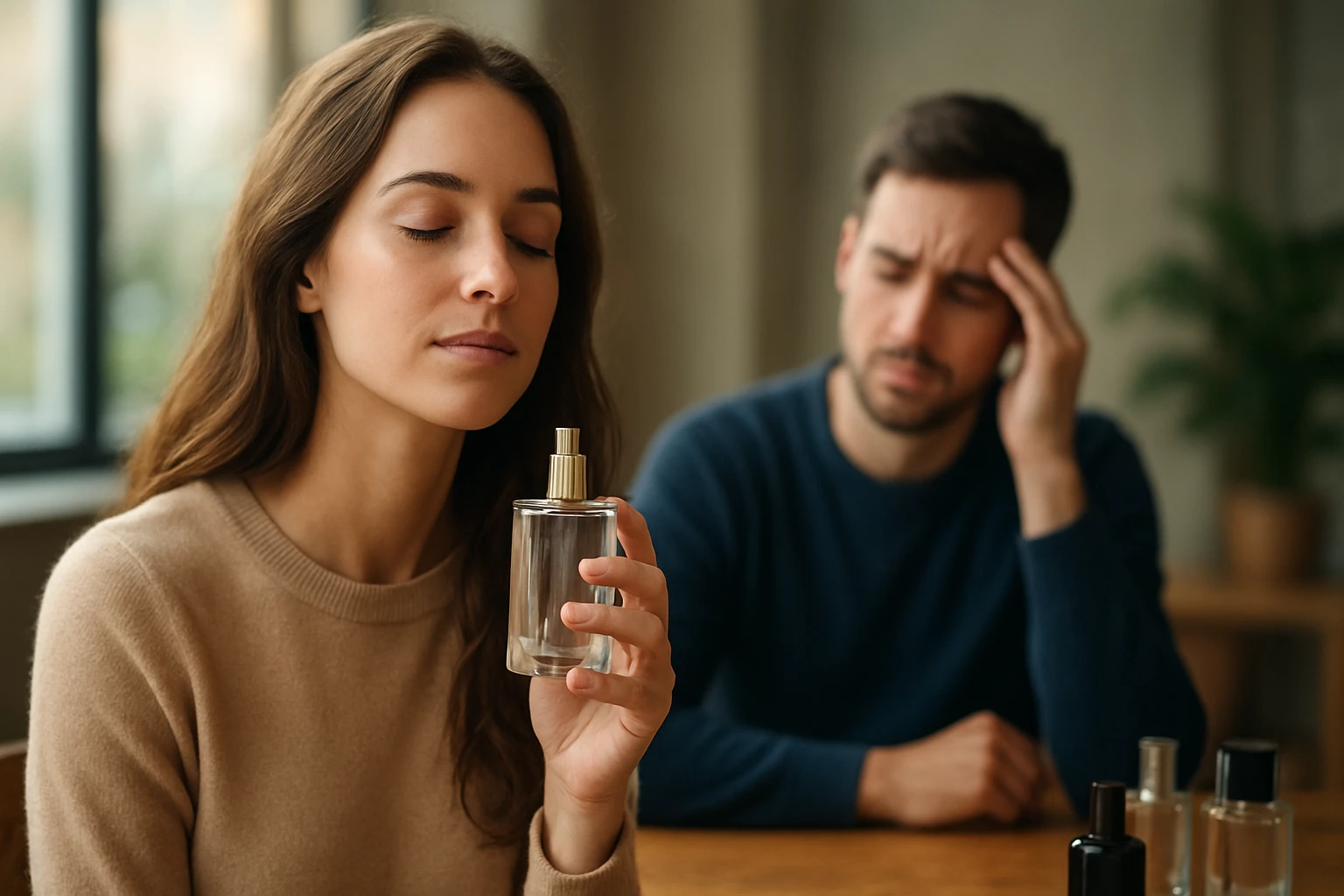 Žena sa teší z vône, muž vyzerá znepokojene.