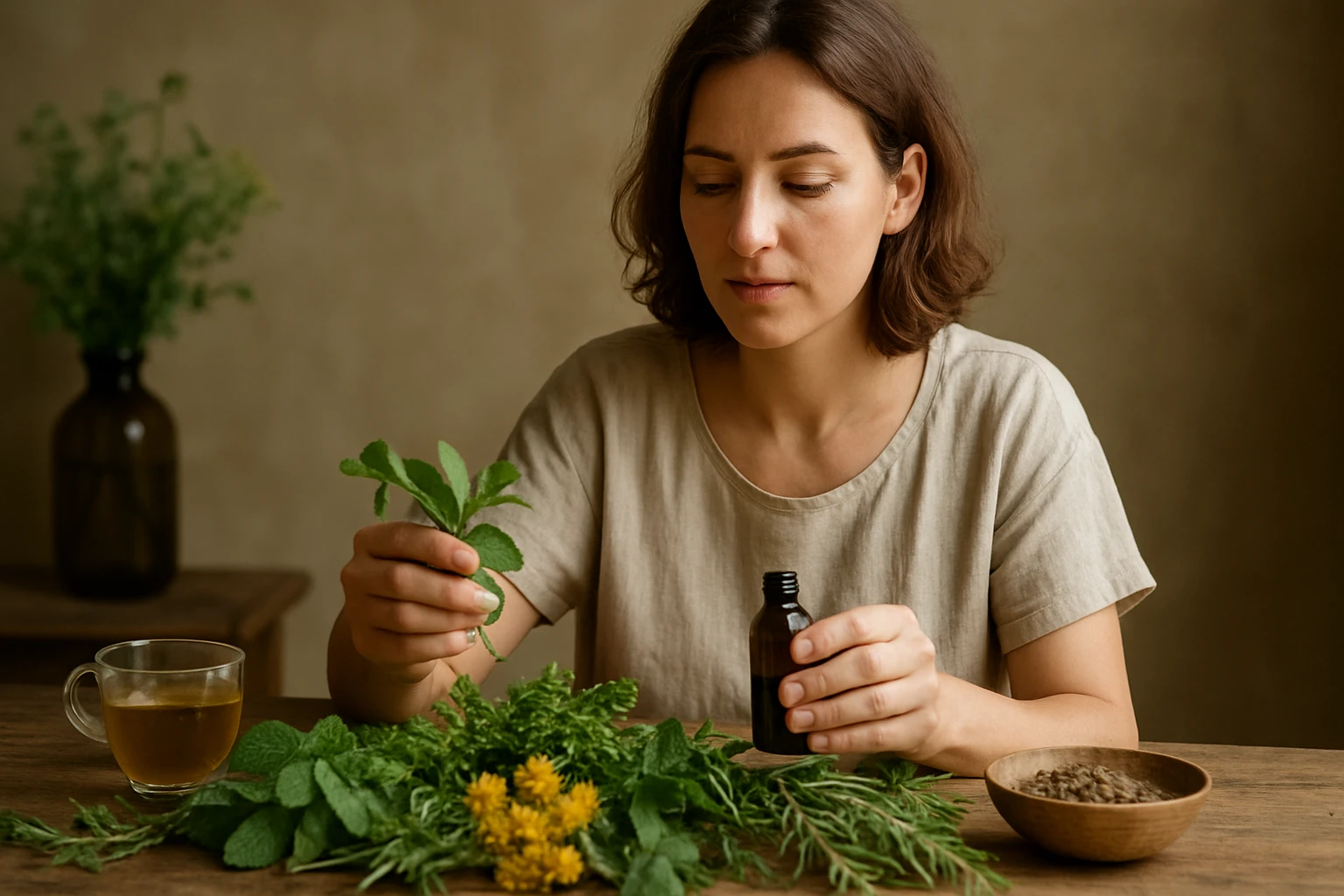 Žena skúma liečivé rastliny a pripravuje prírodný liek.