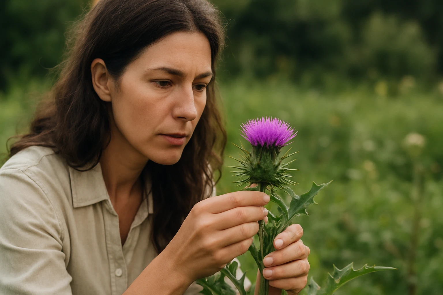 Žena skúma liečivú rastlinu silfium s fialovým kvetom v prírode.