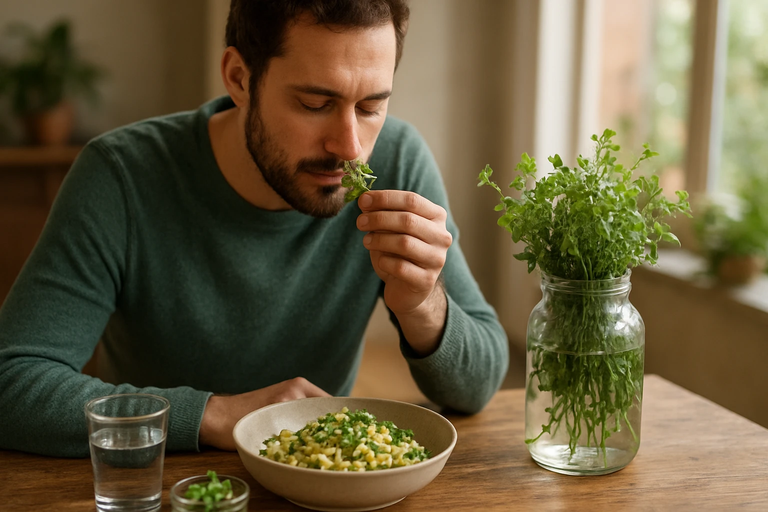 Muž vychutnáva jedlo s bylinkami a reďkovkou na stole.