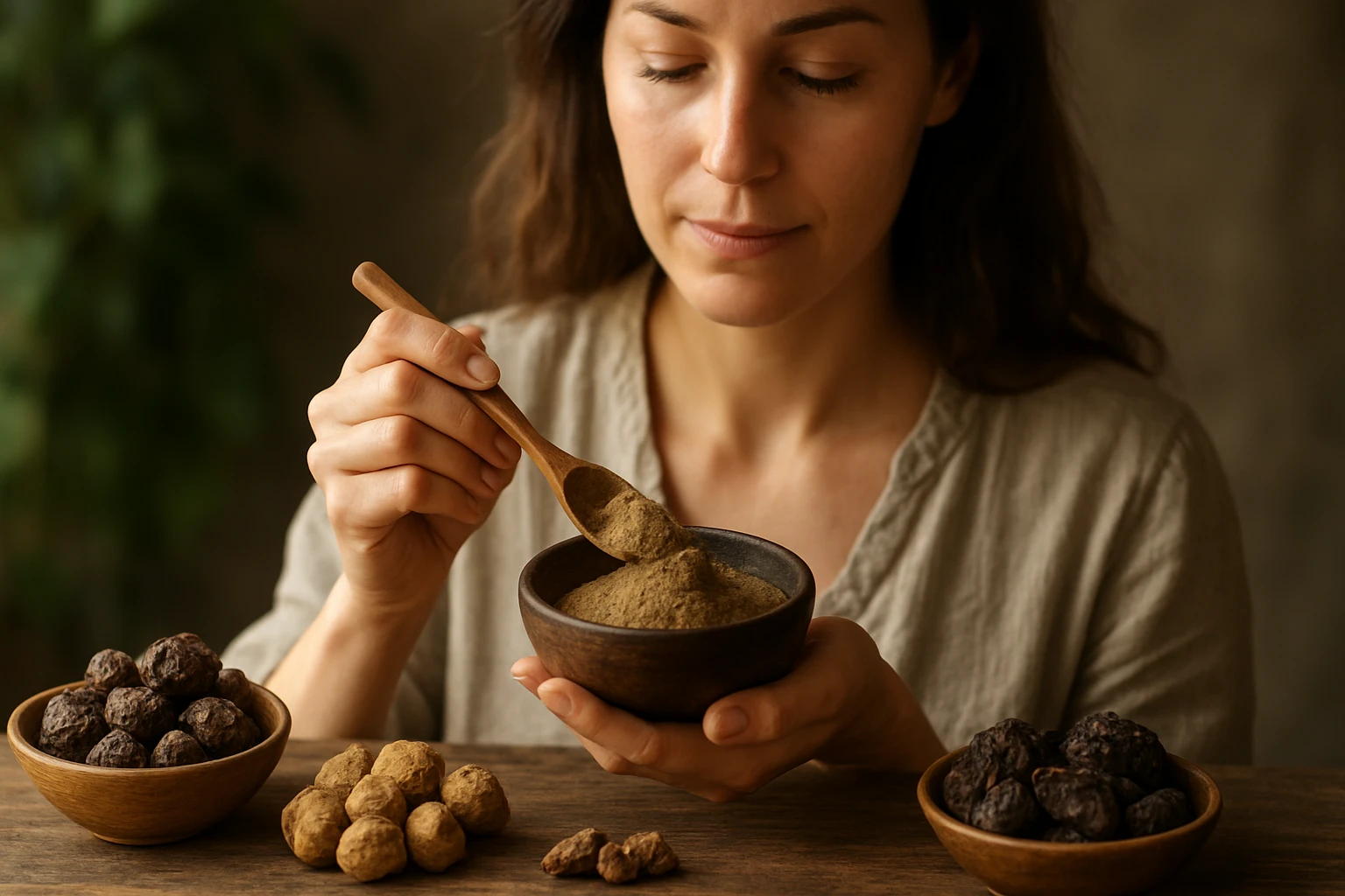 Žena s čajovou lyžičkou v ruke skúma Triphalu v miske.