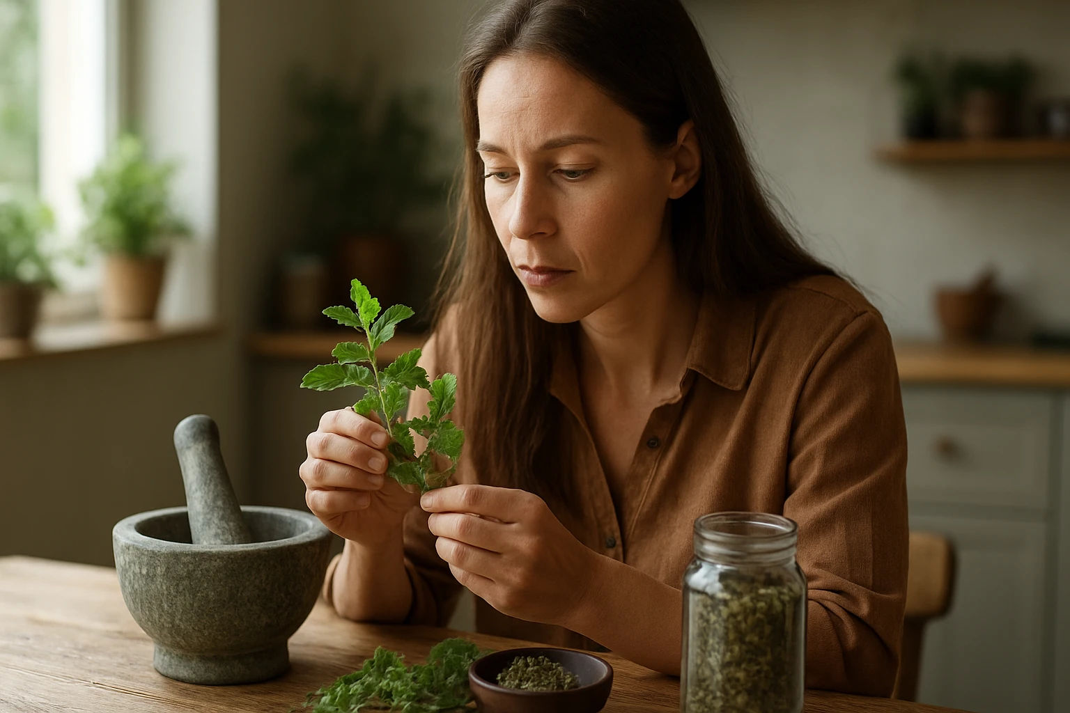 Žena skúma zázračnú bylinu pri prírodnej liečbe